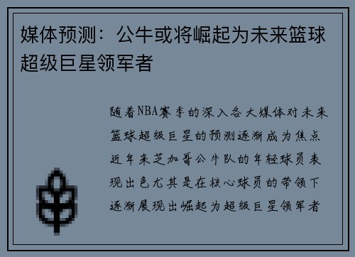 媒体预测：公牛或将崛起为未来篮球超级巨星领军者
