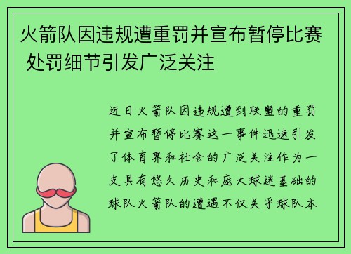 火箭队因违规遭重罚并宣布暂停比赛 处罚细节引发广泛关注